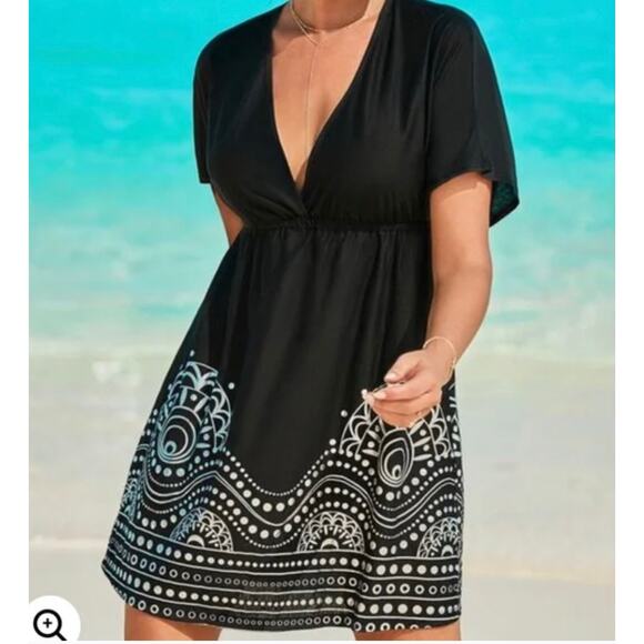 Swimsuits For All KIate Printed Trim Swim Cover Up Size 10 12 Black Silver - Picture 1 of 7